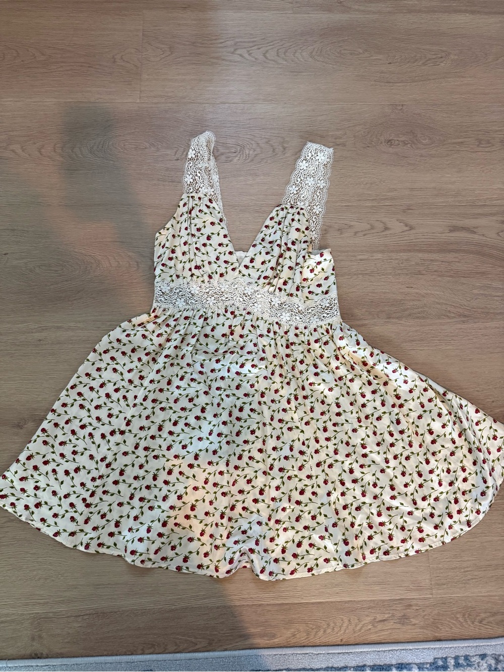 Reformation Elina silk cream dress with red rose print and green stems